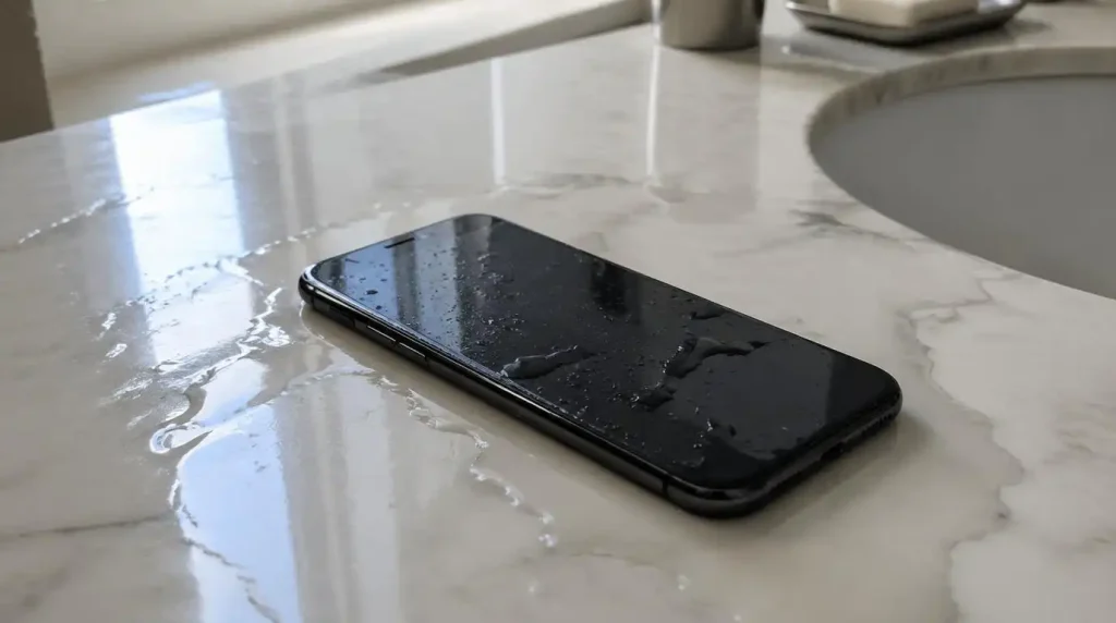 iPhone tombé dans l'eau sur un lavabo, écran éteint, gouttes d'eau visibles