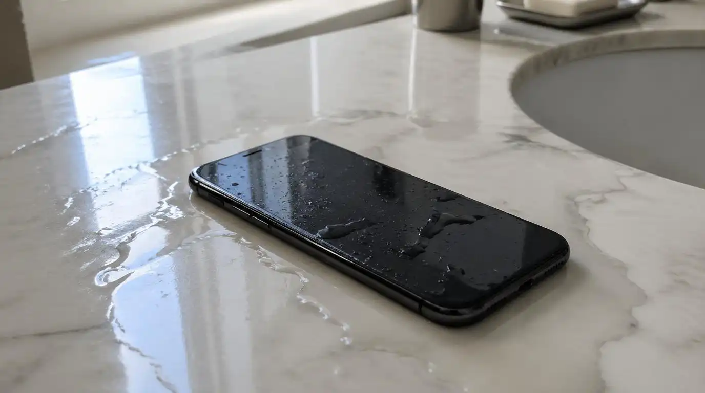 iPhone tombé dans l'eau sur un lavabo, écran éteint, gouttes d'eau visibles
