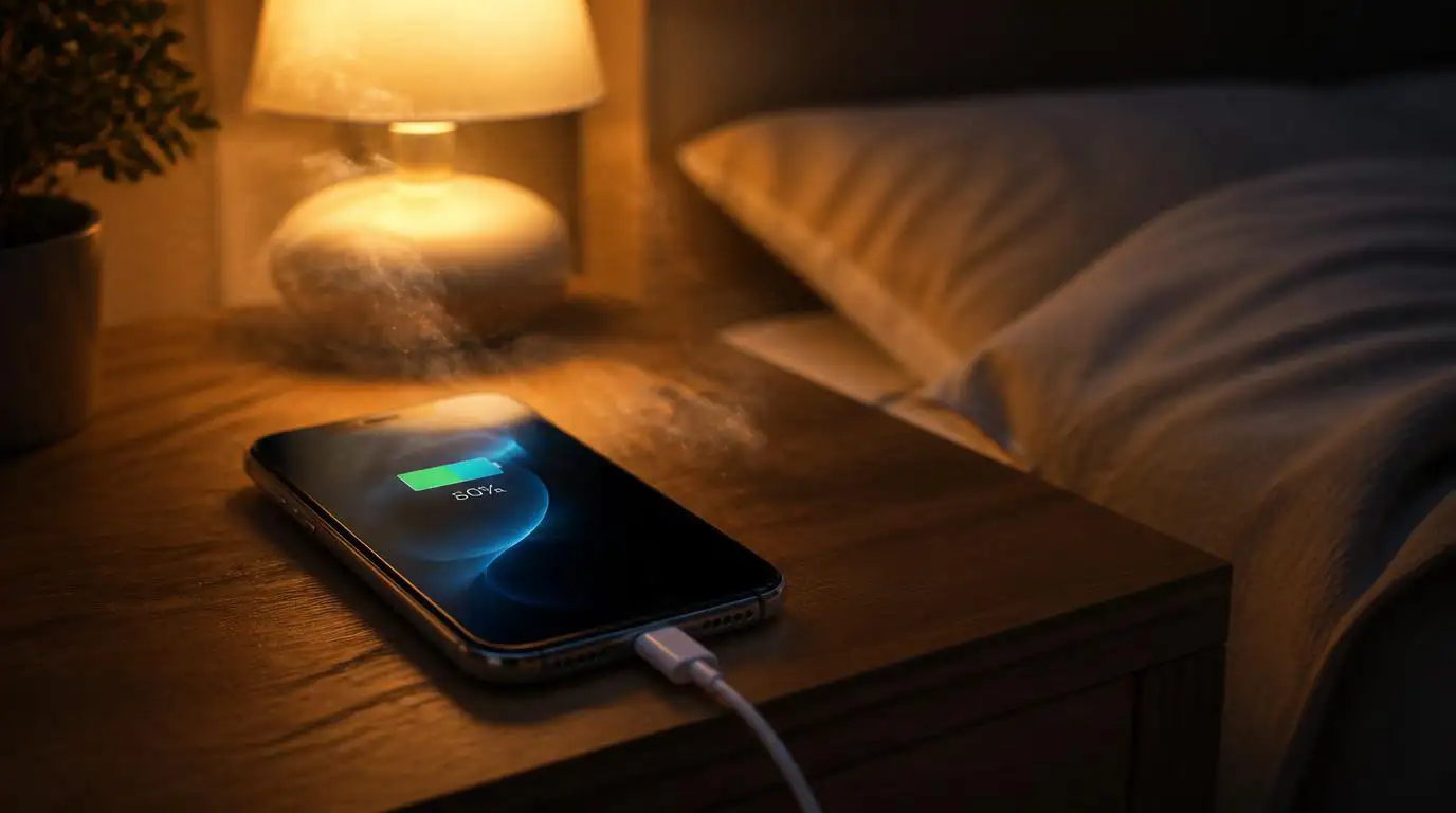 iPhone en charge sur table de chevet la nuit avec batterie à 80%