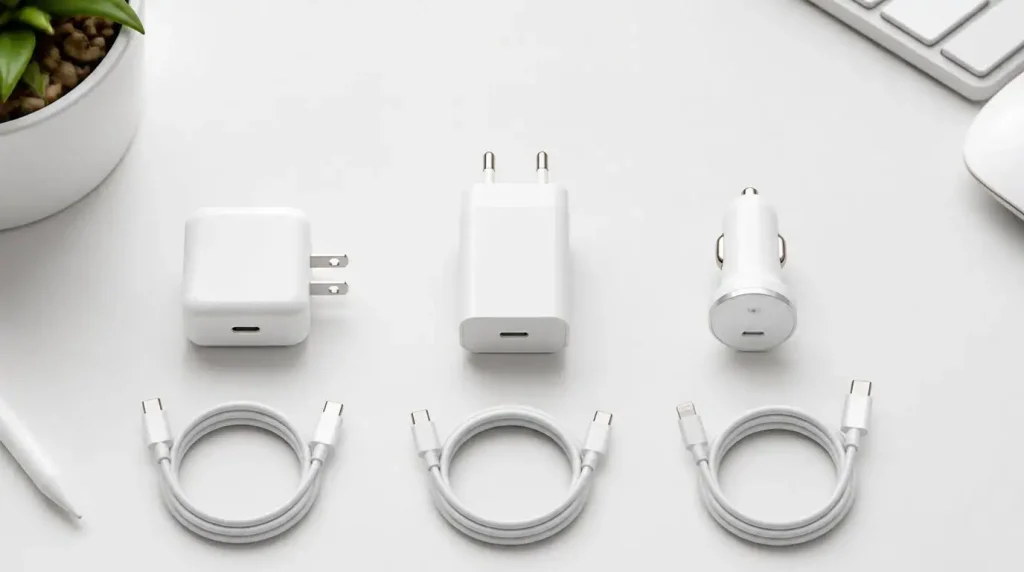 Chargeurs USB-C et Lightning certifiés pour iPhone alignés sur bureau blanc